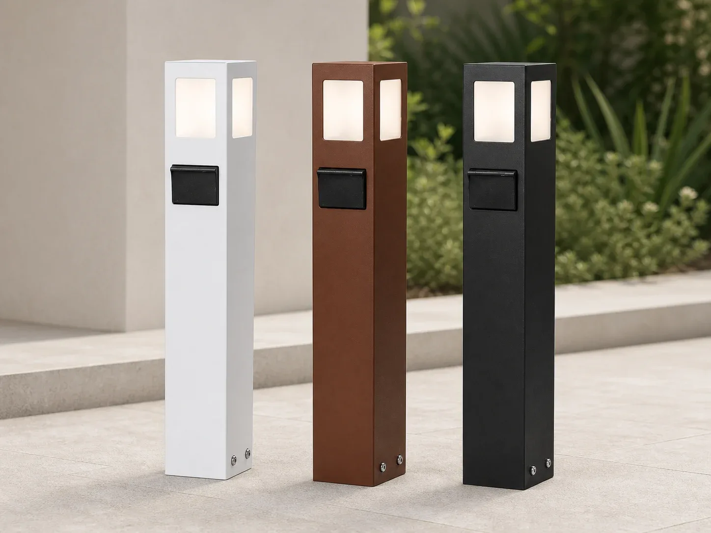 Três balizadores FlexGarden com tomada nos acabamentos branco, marrom e preto.