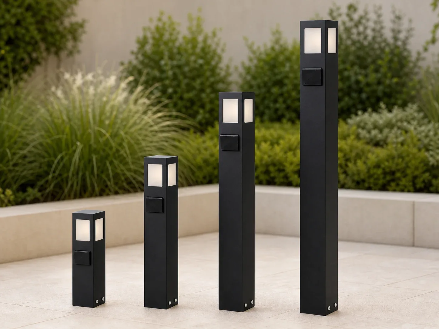 Quatro balizadores FlexGarden com tomada nas alturas de 30 cm, 50 cm, 70 cm e 1 metro.