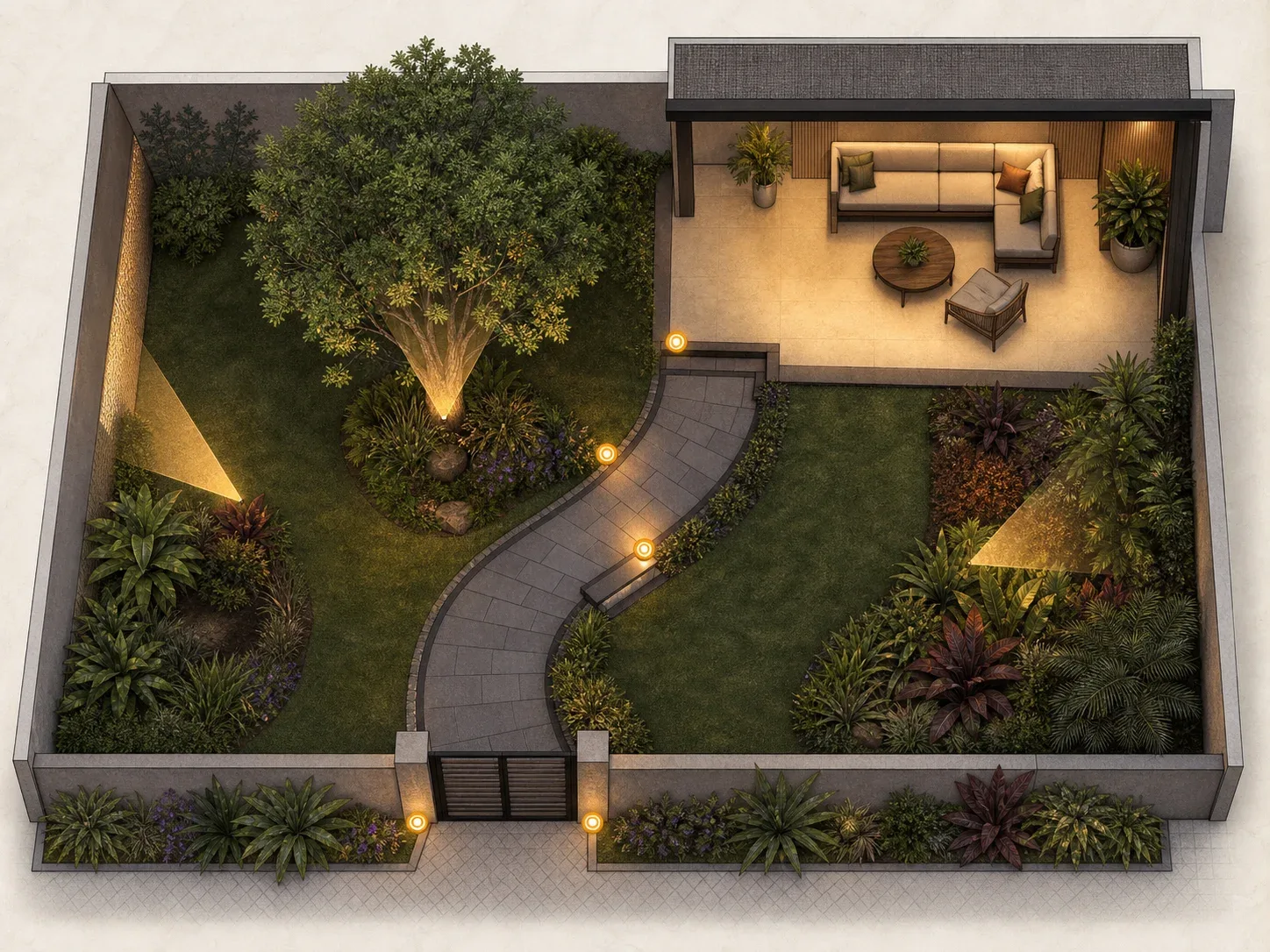 Planta ilustrada de jardim com pontos de luz marcados na entrada, no percurso, na árvore, nos canteiros e na área de permanência.
