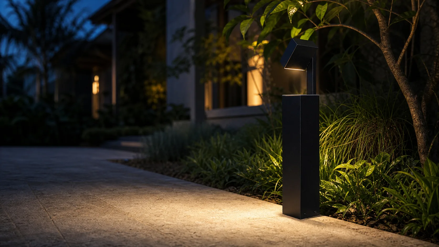 Balizador direcional FlexGarden iluminando caminho de jardim residencial.