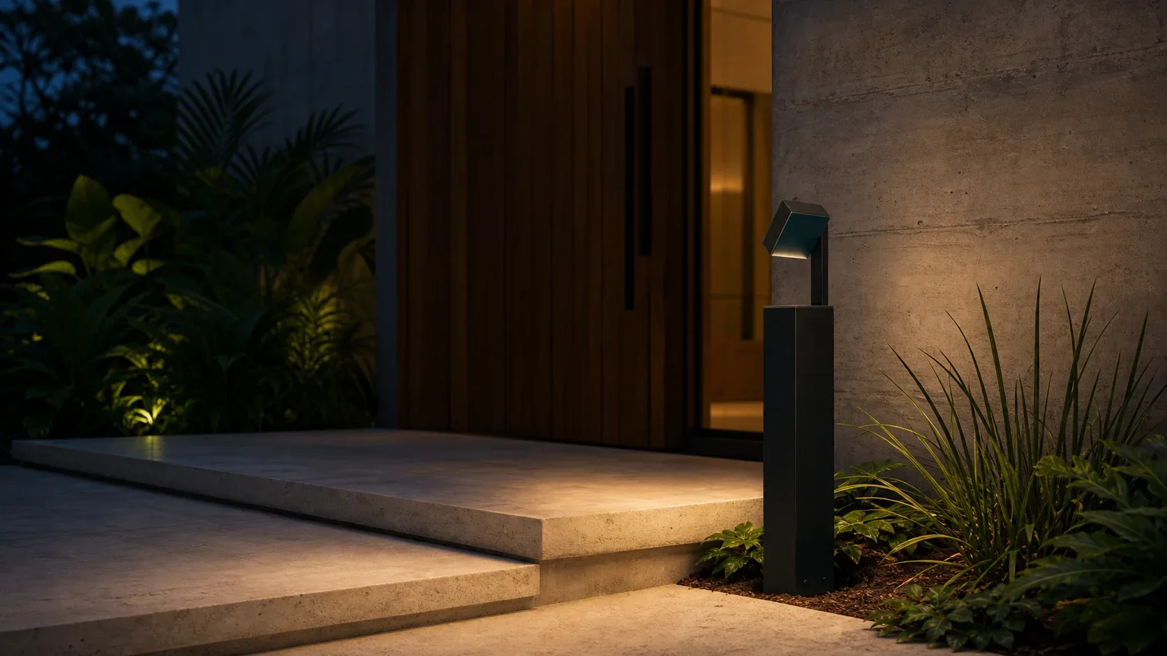 Poste direcional decorativo FlexGarden iluminando entrada residencial.