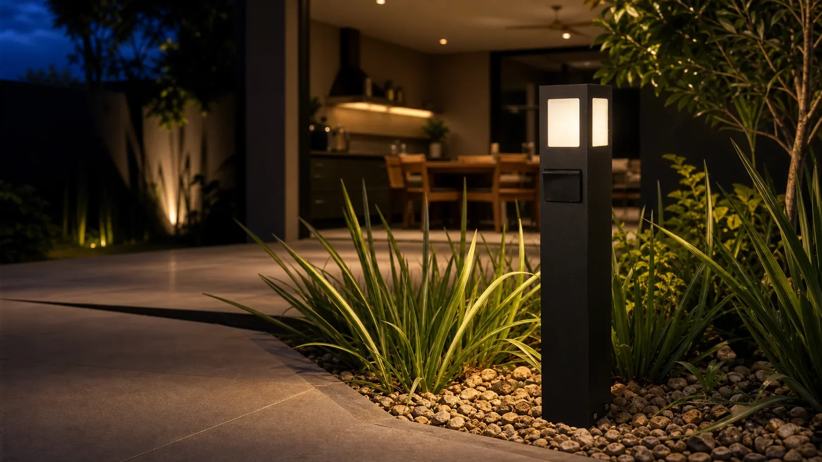 Balizador FlexGarden com tomada instalado próximo a uma área de convivência externa.